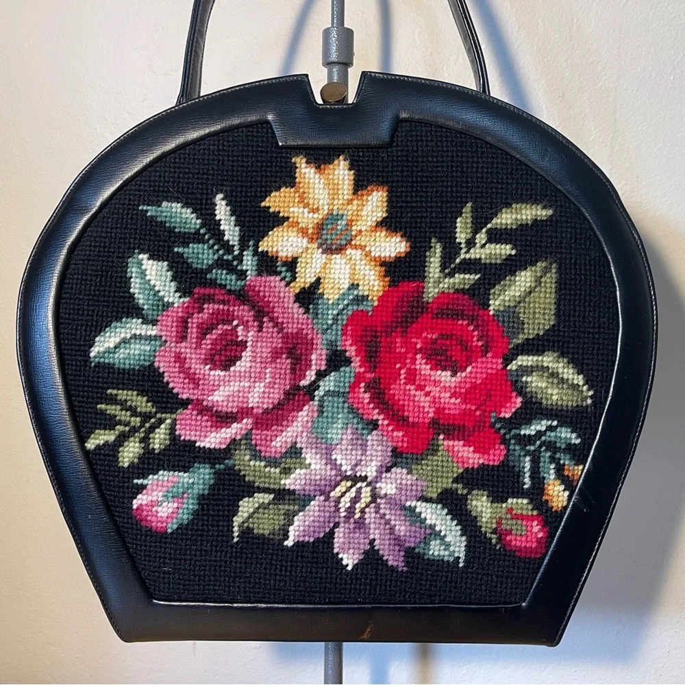 Original by Caprice Vintage Black Leather Floral Needlepoint Tapestry Handbag